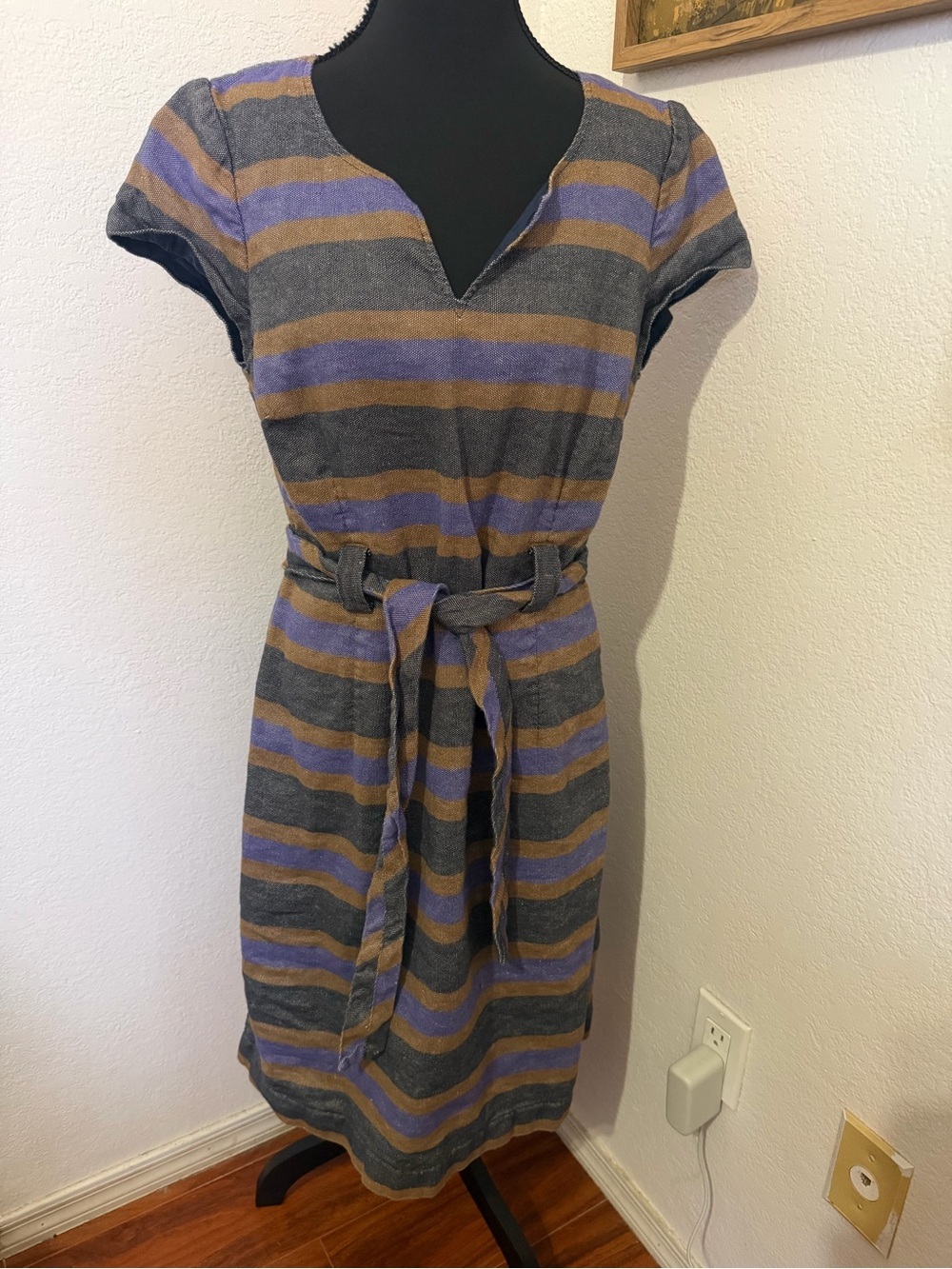 Boden Striped Short-Sleeve Belted Dress in Gray, Brown & Purple- Size 10
